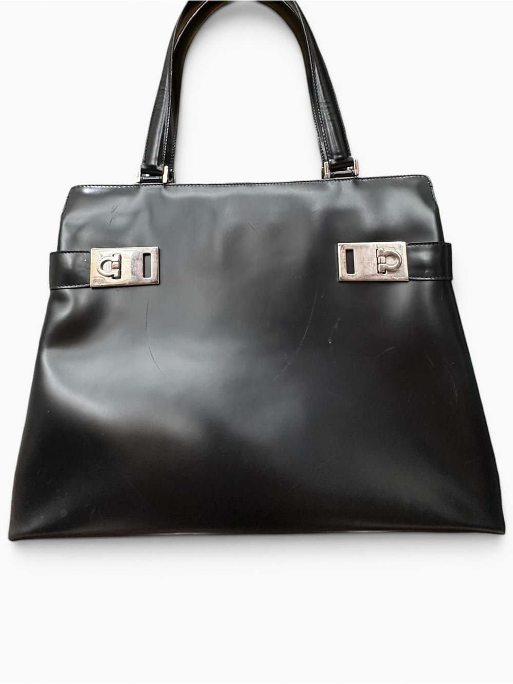 Vintage Salvatore Ferragamo Black Leather Gancini Tote Bag | Y2K Minimalist
